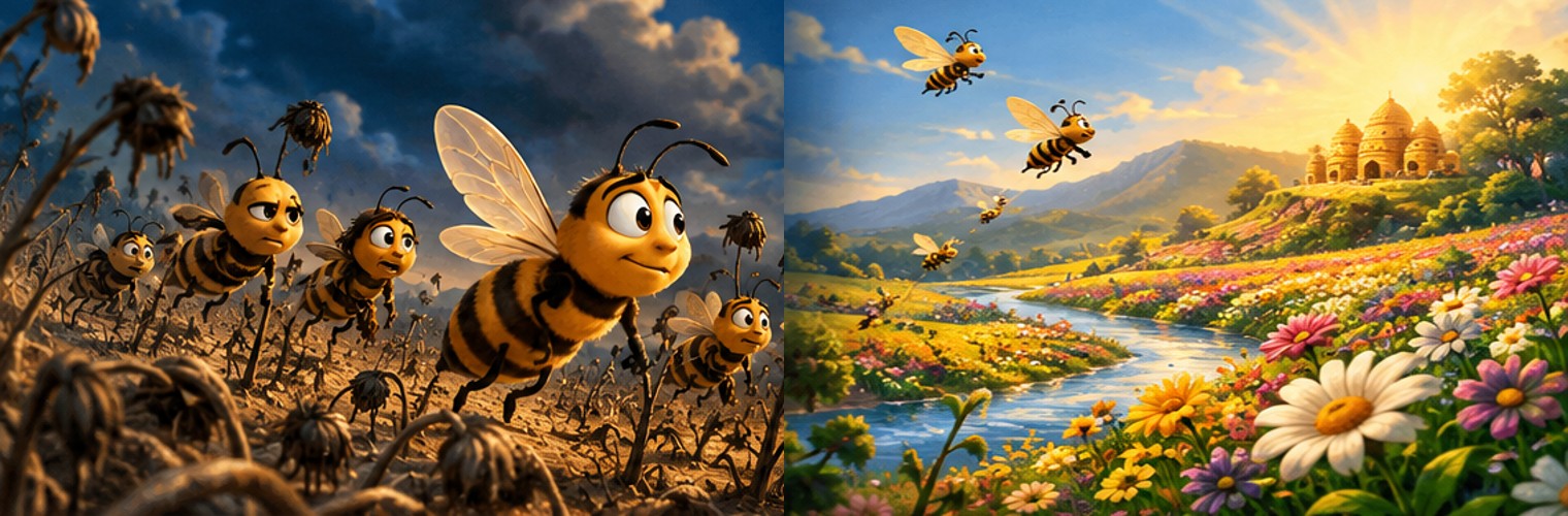 Illustration du changement : d’un champ asséché à une vallée fleurie où les abeilles découvrent de nouvelles possibilités